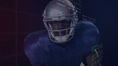 Sporcu eldiven çekiyor ve kask takıyor. Etrafında uçuşan hologram finansal verilerini analiz ediyor. Spor, teknoloji, yenilik, dijital, görselleştirme, performans, analitik