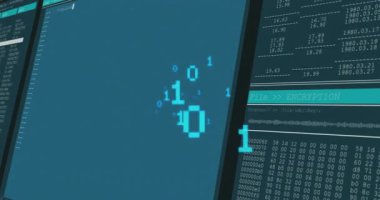 Kod ve veri ekranları arasında kümelenen ikili basamakları somutlaştırmak, şifreleme sürecini yönlendirmek. Siber uzay, veri güvenliği, dijital altyapı, teknoloji, bilgi işleme, kod analizi, fütürist