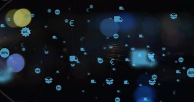 Sol tarafta görünen altın küre neon mavisi e-ticaret simgelerini çekiyor, çizgileri birbirine bağlıyor, içe doğru kümeleniyor. Dijital, teknoloji, yenilik, fütüristik, ağ, siber, veri