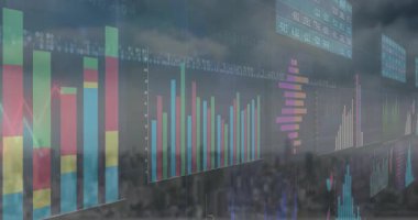 Alan çizelgesi zayıflarken çubuk çizelgeleri sola kayıyor, piyasa eğilimlerini gösteren bir saat kaydırıyor. Veri, analitik, görselleştirme, bilgi, finans, sunum, ön panel