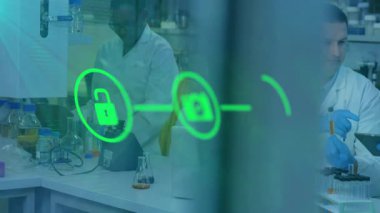 Üç simge, laboratuvar işbirliği için rehberlik eden araştırmacı tüpü alıyor ve tableti tıkırdatıyor. Bilim, yenilik, takım çalışması, teknoloji, araştırma, laboratuvar, işbirliği