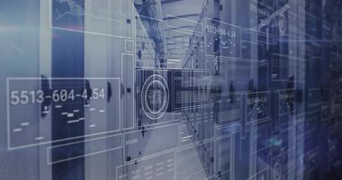 Dijital arayüz sunucu koridorunda kayboluyor, kodlar güncelleniyor, grafikler canlandırılıyor, ölçü taraması yapılıyor. Teknoloji, veri, analitik, siber güvenlik, yenilik, fütürist, zeka