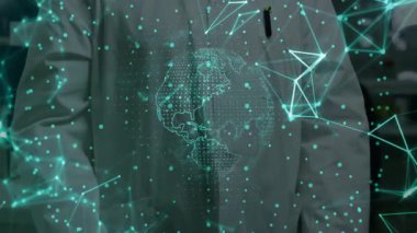 Turkuaz noktalar dönen dünyayı oluşturur, bilim adamı teknoloji otoritesini savunmak için kollarını kavuşturur ve kaldırır. Gelecek, yenilik, liderlik, teknoloji, bağlantı, araştırma, dijital