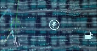 3D ızgara kaydırma, grafikler yükseliyor, yumurtlama enerjisi, yakıt, sağlık, ev, iğne, yemek, otomobil simgeleri. Fütüristik, teknoloji, analitik, görselleştirme, veri, girişim, yenilik