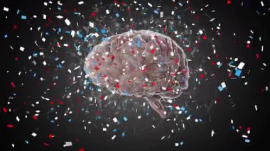 Konfeti beyin görünümünde patlarken lifler titreşiyor ve dönerek nöral ağı açığa çıkarıyor. Dijital, yenilik, soyut, teknoloji, bilim, aydınlanma, fütüristik