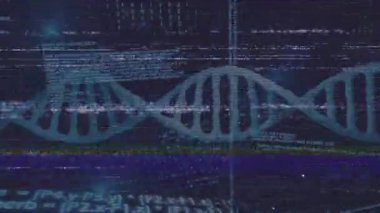 Gürültünün şiddetlenmesi üzerine yarı saydam deniz mavisi DNA sarmalının sağa kayması veri sızıntısını gösteriyor. Siber uzay, teknoloji, veri, görselleştirme, dijital, fütüristik, yenilik
