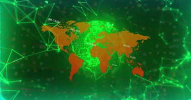 Parlayan düğümler titreşiyor, turuncu harita dünya üzerinde kayboluyor ve veri akışını gösteren etiketler yanıp sönüyor. Teknoloji, veri görselleştirme, dijital ağ, fütürizm, analitik, siber uzay, küresel bağlantı