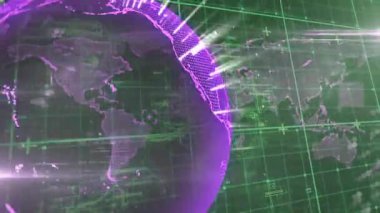 Başlangıçta mor noktalı küre ortaya çıkıyor ve dönüyor, ateş eden ışık ışınları küresel veri akışını görselleştiriyor. Futuristik, teknoloji, dijital, veri görselleştirme, küresel ağ, arayüz, yenilik