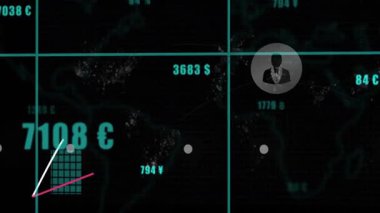 Yüksek çözünürlüklü görüntüleme çubukları yükseldikten sonra para birimi etiketleri ve büyüme eğilimleri görüntülenir. Finansal veriler, analitik, dijital panel, piyasa eğilimleri, yatırım görselleştirme, fütüristik arayüz, ekonomik büyüme