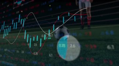 Canlandırılmış şamdan çubukları yükselen çizgi grafikleri futbol oyuncusunun topa vuruşuyla titreşiyor. Spor, veri görselleştirme, analitik, finans, teknoloji, hareket, kurumsal