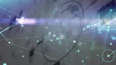 Sembolik panel animasyon düğümleri, ağ evrimini gösteren çevirmeli arama çizgileri etrafında birleşiyor. Fütürist, dijital, bağlantı, teknoloji, holografik, soyut, veri görselleştirme