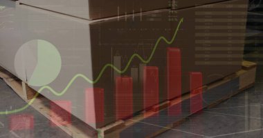 Depodaki kutunun üzerinde veri işleme resmi. Küresel iş ve dijital arayüz kavramı dijital olarak oluşturulmuş görüntü.