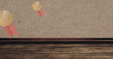 Boş odada madalya ikonlarının resmi. Küresel iş ve dijital arayüz kavramı dijital olarak oluşturulmuş görüntü.