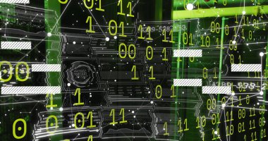 Sunucu odasında veri işleme resmi. Sosyal medya ve dijital arayüz konsepti dijital olarak oluşturuldu.