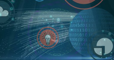 Dünya üzerindeki ağ simgelerinin ve donanma arkaplanının üzerindeki çizgilerin resmi. Veri işleme, küresel ağ ve teknoloji konsepti dijital olarak oluşturulmuş görüntü.