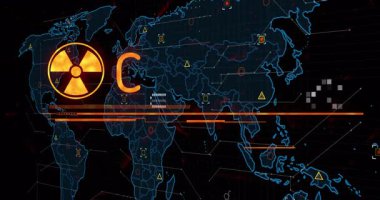 UI açılıyor. haritada titreşim simgesi gösteriliyor, çubuk genişliyor WPX UYARI yanıp sönen eylem metnine dönüşüyor. Dijital, uyarı, fütüristik, siber güvenlik, teknoloji, metropol, yenilik