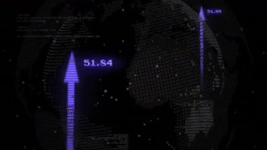 Kıtaların üzerinde yükselen mor kirişlerle dönen 3 boyutlu küre açılışı ölçümleri gösteriyor. Teknoloji, veri görselleştirme, bağlantı, analitik, dijital ortam, fütüristik, yenilik