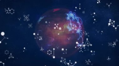 Sahnede kırmızı küre görünürken mavi yay büyüyen düğümler titreşerek ağ kümelerini gösteriyor. Teknoloji, bağlantı, dijital, ağ, yenilik, siber alan, veri