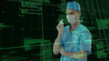 Cerrahın parmak kaldırması yeşil ızgara, maske kayışı, holografik tıbbi bilgiler. Teknoloji, yenilik, dijital, fütürist, sağlık, analitik, veri görselleştirme