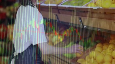 Tezgahtar kasaya uzanıyor, finans grafikleriyle narenciye sınıflandırıyor, kameraya gülümsüyor. Taze ürün, perakende, ticaret, sağlıklı, canlı, profesyonel, tüketici