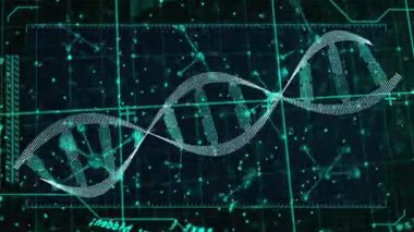 Arayüz başlatıldığında DNA sarmalı saat yönünde dönerek kod kaydırmalı renklendirme düğümleri olarak döner. Futuristik, teknoloji, biyoteknoloji, veri görselleştirme, bilimsel, soyut, yenilik