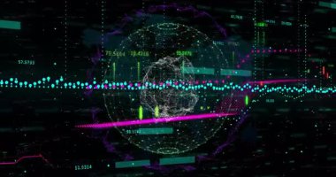 Noktalar ve çubuklar, dalga biçimi ve eğilimi gösteren mavi eğri yayarak geniş çerçeveli dünyanın dönüşüne başlanıyor. Veri, görselleştirme, analitik, gösterge paneli, arayüz, grafikler, zeka