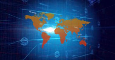 Harita soluyor, etiketler beliriyor, çizgiler küresel ölçümleri temsil eden neon dolar işaretine doğru gidiyor. Futuristik, dijital, teknoloji, küresel, finansal, yenilik, neon