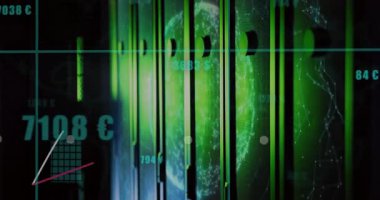 Gösterge paneli açılırken çubuklar yükselirken dünyayı canlandırma ve sayısal veri eğilimlerini gösteren çizgiler hareket ediyor. Fütürist, analitik, dijital, soyut, teknolojik, veri güdümlü, görselleştirme