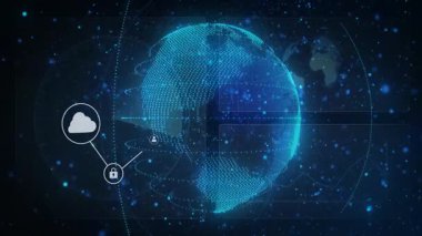 Karanlık yıldızlı gökyüzü yükselen güvenlik ve aygıt simgelerini gösteriyor. Güvenli ağı birbirine bağlayan solgun simgeler. Teknoloji, bağlantı, siber güvenlik, dijital, yenilik, veri, evren