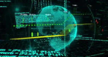 Sahne, kod ile dönen dünya ile başlıyor. Veri büyümesini gösteren sarı noktalı çizgi. Teknoloji, veri görselleştirme, siber alan, dijital ağ, bilgi analizleri, yenilik, grafik arayüzü