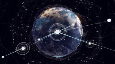 Küresel veri ızgarasını görselleştirirken, ağ etkinleştirmesi üzerine Dünya küresinin yansıtma düğümlerini biçimlendirdi. Gelecek, teknoloji, bağlantı, dijital, küresel, ağ, siber uzay