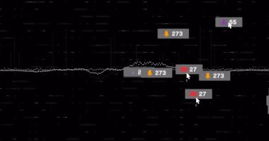 Beyaz noktalı dalga şeklindeki dalgalanmalarla başlıyor, simgeler ortaya çıkıyor ve yörüngede dönüyor, büyümeyi canlandırıyor. Dijital, veri, analitik, görselleştirme, modern, dinamik, geleceksel