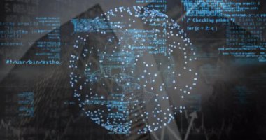 Kod kaydırma ve grafik canlı işleme gösterirken veri küresinin havada süzüldüğünü gösteriyor. Teknoloji, yenilik, veri görselleştirme, siber güvenlik, dijital dönüşüm, gelecekçilik, iş zekası