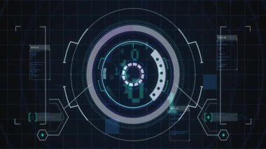 Koyu mavi ızgara görünmesi HUD 'nin genişlemesini tetikler ve tarama için ölçekleri ve panelleri günceller. Futuristik, teknoloji, arayüz, veri, analitik, dijital, minimalist