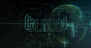 Piksel gürültüsü göründüğünde, CLOUD parlıyor, hat çiziyor, bulut ağını göstermek için dengeleniyor. Fütürist, dijital, neon, teknoloji, siber uzay, soyut, ağ