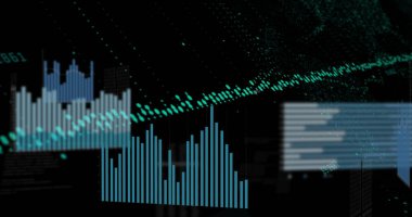 Grafiklerin resmi ve siyah arkaplan verileri. Veri işleme, bilgisayarlar, dijital ekran ve teknoloji konsepti dijital olarak oluşturulmuş görüntü.