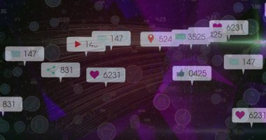 Yol üzerinde medya simgeleri ve konfeti. Dijital olarak üretilen fikirler ve teknoloji konsepti.