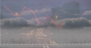 Şehirdeki finansal verilerin ve grafiklerin resmi. Küresel iletişim, finans ve teknoloji konsepti dijital olarak oluşturulmuş görüntü.