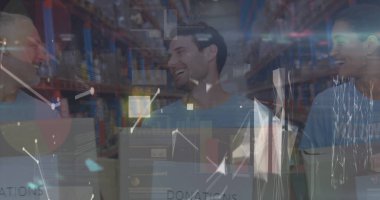 Depodaki çeşitli işçilerin veri işleme görüntüsü. küresel iş ve dijital arayüz kavramı dijital olarak oluşturulmuş görüntü.