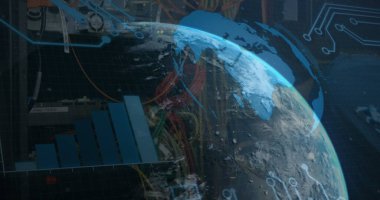 Siyah zemin üzerinde dönen dünya görüntüsü ve grafikleri. Küresel ağ, veri işleme, finans ve teknoloji konsepti dijital olarak oluşturulmuş görüntü.