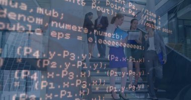 Ofisteki çeşitli iş adamlarının veri işleme görüntüsü. Küresel iş ve dijital arayüz kavramı dijital olarak oluşturulmuş görüntü.