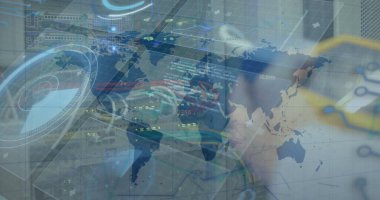 Veri işleme ve sunucu odasındaki beyaz adamın dünya haritası. Küresel iş, bilgisayar ve dijital arayüz kavramı dijital olarak oluşturulmuş görüntü.