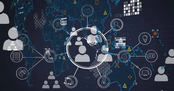 Bağlantı ağı ve kara arkaplan üzerinden veri işleme üzerine düşen kar görüntüsü. Dijital arayüz ve teknoloji konsepti dijital ortamda oluşturuldu.