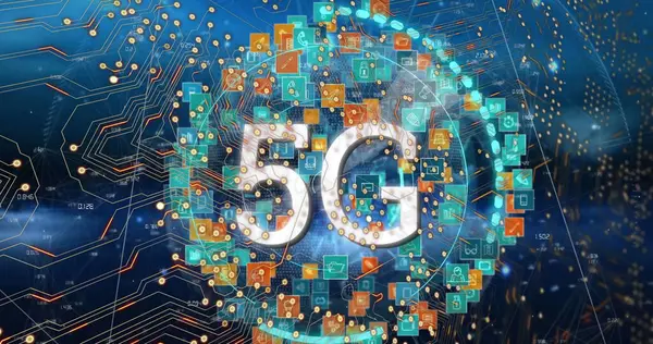 Dünyanın dört bir yanındaki ikonlu, 5G ve donanma geçmişi olan entegre devre ve teknik simgelerin resmi. Küresel ağ, veri işleme ve dijital olarak oluşturulmuş görüntü teknolojisi kavramı.