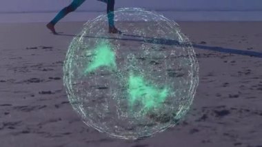 Beden eğitimi eğitmeni, kumsala ayak basıp, parlayan enerji kanatlarına kablo çerçevesini aktifleştiriyor. Dijital, sağlıklı, gelecekçi, farkındalık, enerji, teknoloji, doğa