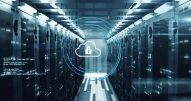 Kod projeksiyonu başlatılıyor. Bulut kilidi simgesi görünüyor. Nabız halkaları görünüyor. Güvenli taramayı görselleştiriyor. Siber güvenlik, veri, teknoloji, dijital, ağ, altyapı, koruma