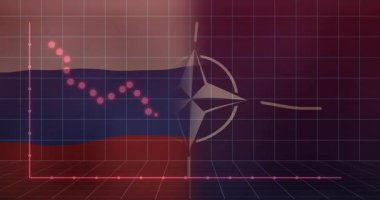 Rus çizgilerinden geçerek NATO amblemine doğru inen kırmızı işaretler, veri akışını görselleştiriyor. Geometrik, fütüristik, dijital, veri görselleştirme, analitik, soyut, teknoloji