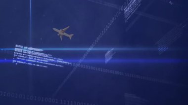 Açılışta, jet uçağı görüş alanına süzülerek ışınlar halinde ikili akımları sarar ve verileri görselleştirir. Teknoloji, siber güvenlik, dijital, veri görselleştirme, ağ oluşturma, yenilik, fütüristik