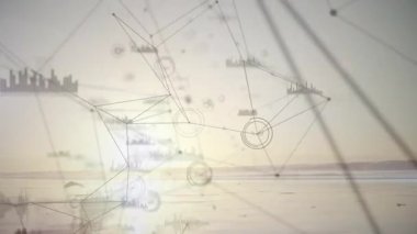 Gün batımı denizi üzerinde sürüklenen ağ örtüsü, teknoloji çizelgeleri hareket ederken dansçı sıçrayışı yapıyor. Soyut, dijital, uyum, hareket, dinginlik, akıcılık, yenilik