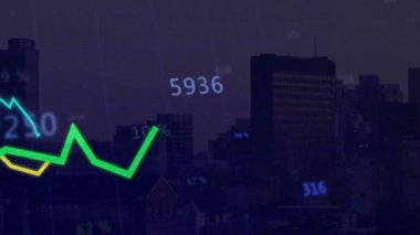 Alacakaranlık ufkunda açılan yeşil çizelgede mavi ve sarı izler eğilimleri gösteriyor. Kentsel, veri, analitik, grafik, teknoloji, yatırım, görselleştirme